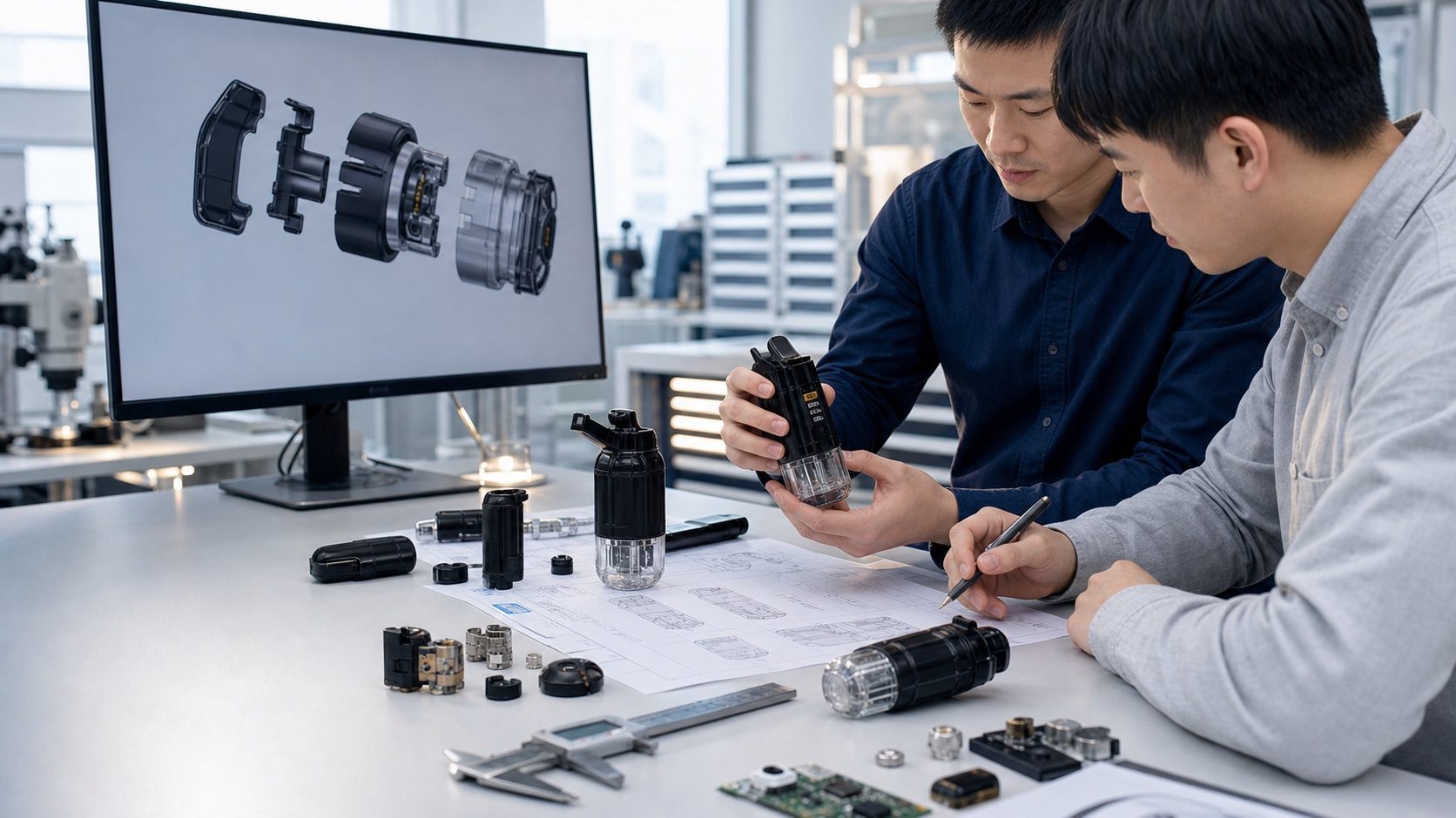 Product engineers reviewing a vaporizer prototype and technical drawings