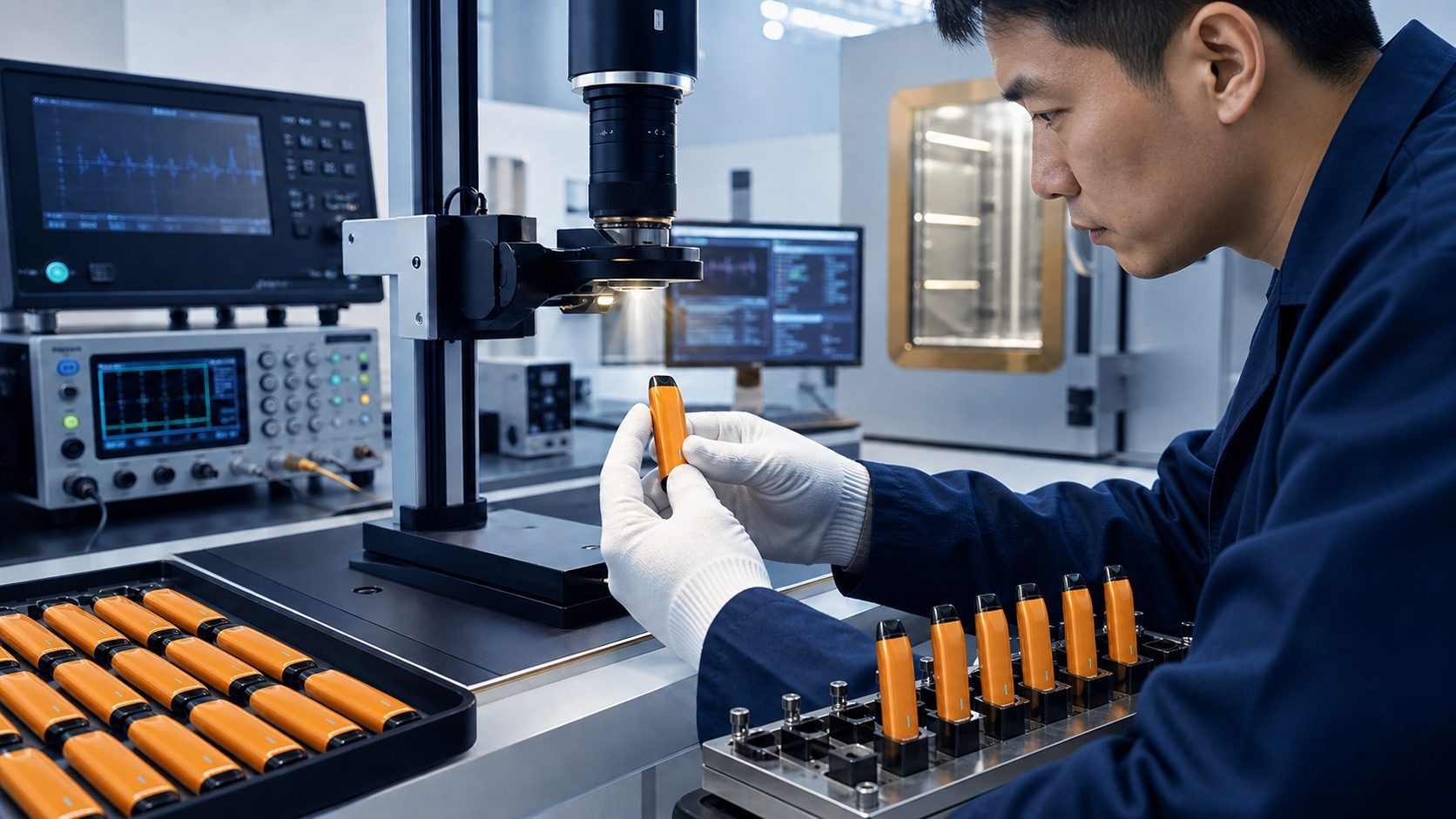Quality engineer inspecting vaporizer in a reliability testing laboratory