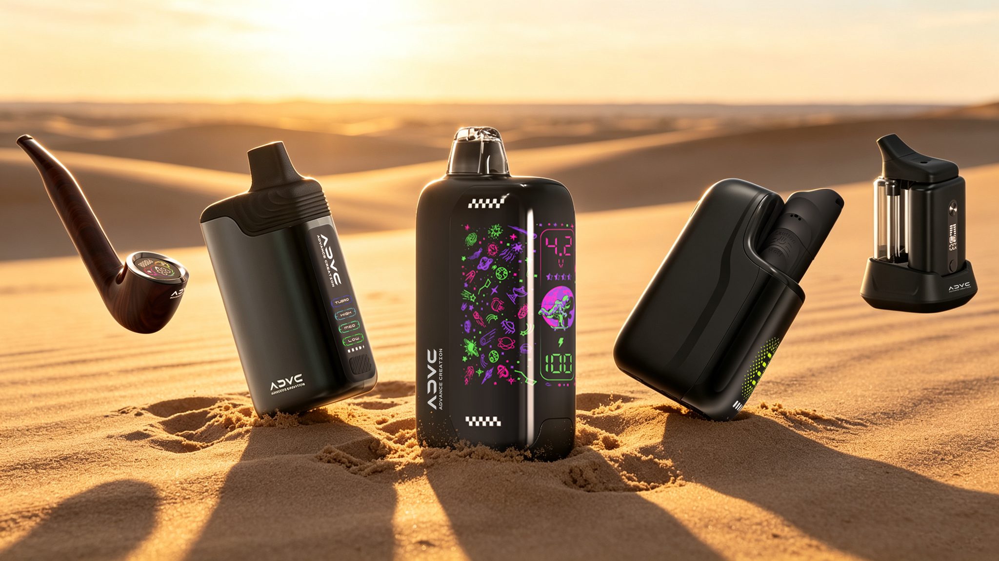 ADVC product collection displayed against a warm desert landscape